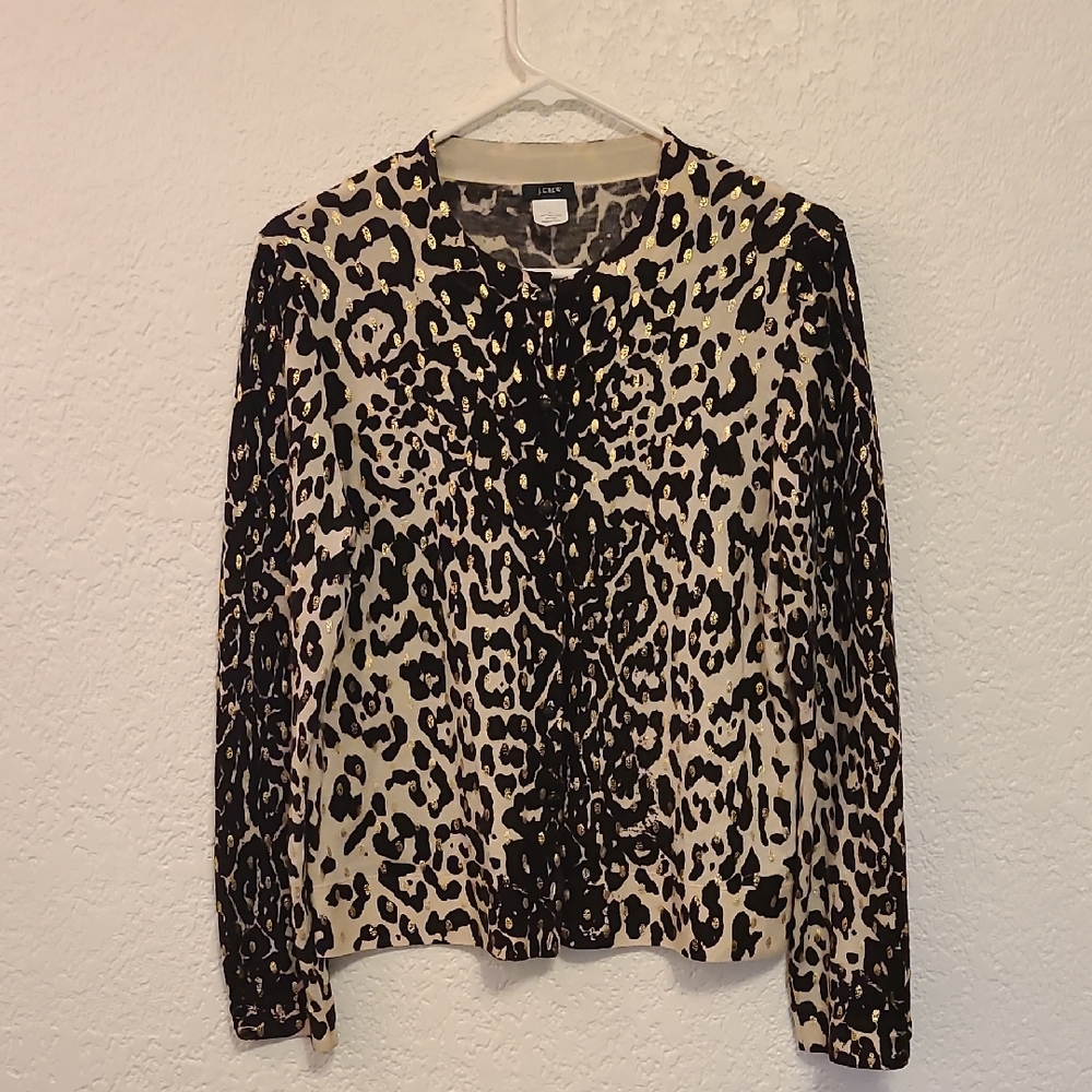J. Crew Merino Wool Cardigan, Animal Print W/ Gold Sparkle!  Size L